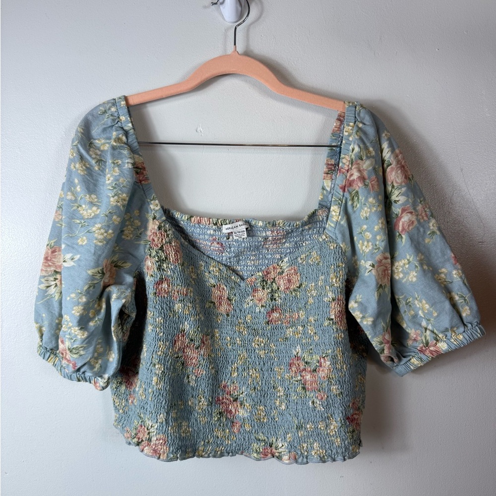 American Eagle Womens Crop Cotton Linen‎ Shirt Smocked Milkmaid Floral XL Blue